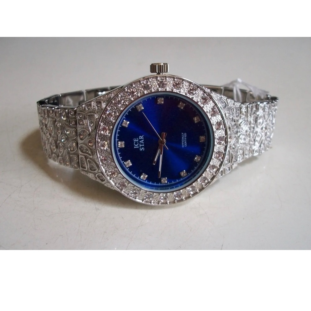Men's Ice Star Silver Finish Blue Dial Nugget Style Bracelet Fashion Watch